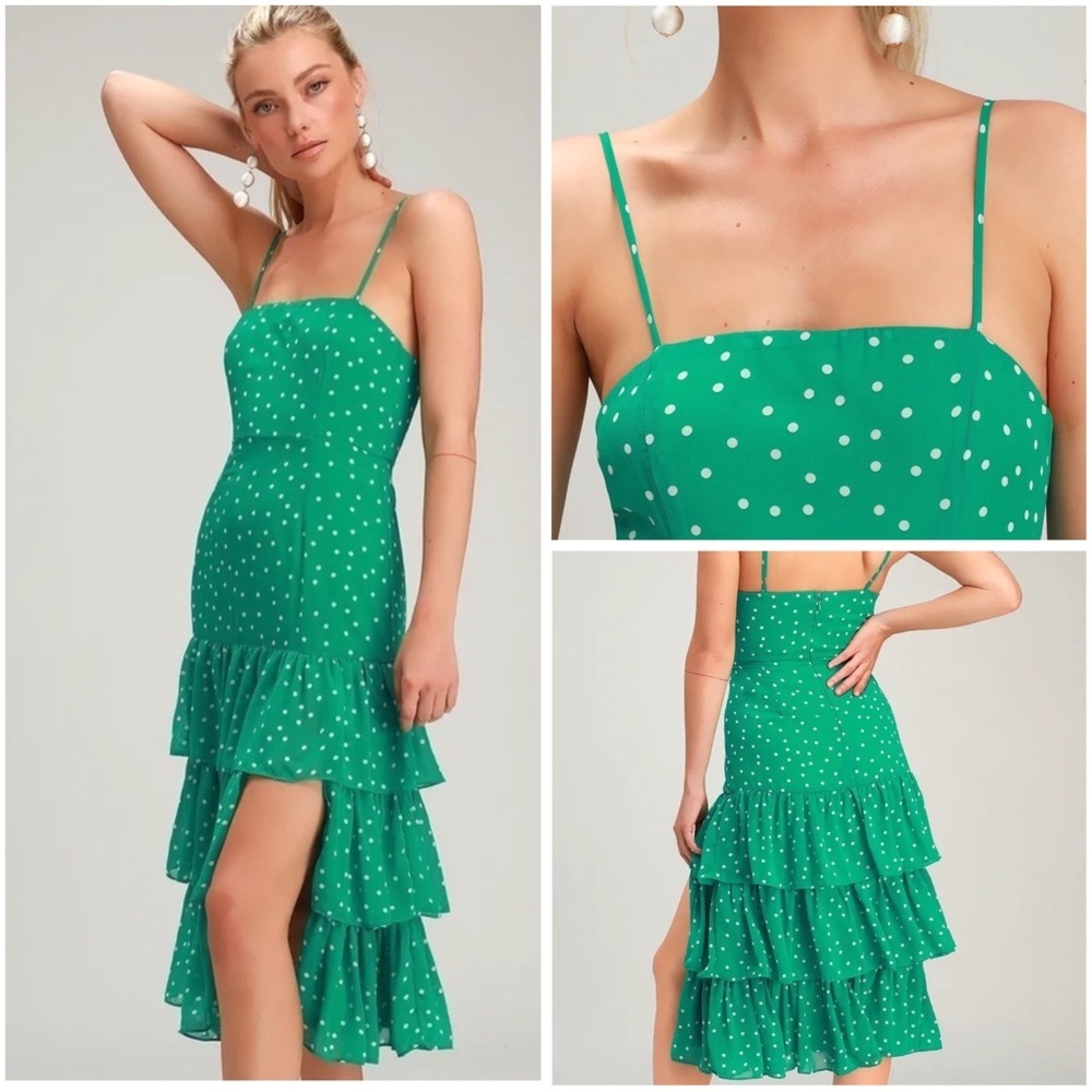 Lulus Women Nellie Green Polka Dot Ruffled Midi Dress Sz S Square Neckline Tiers